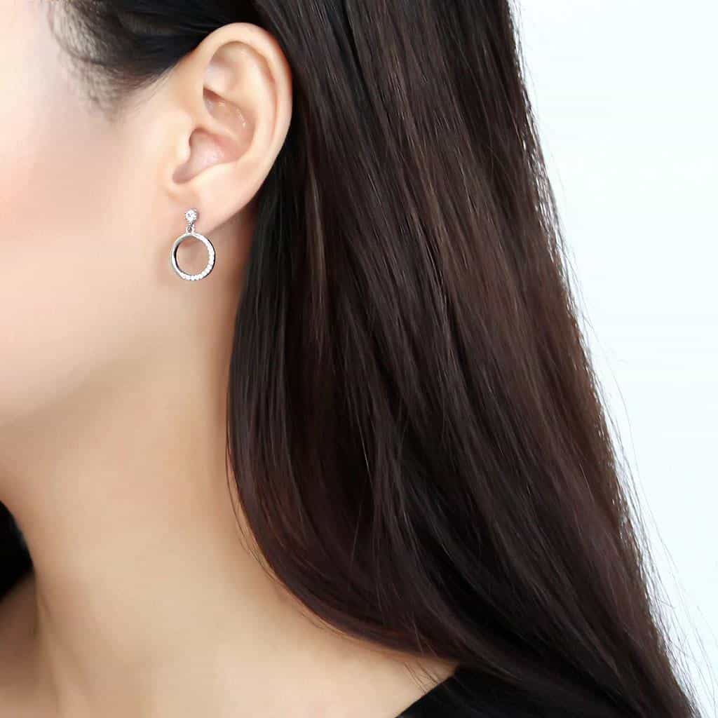 Stainless Steel CZ Round Pave Open Circle Drop Earrings view 3