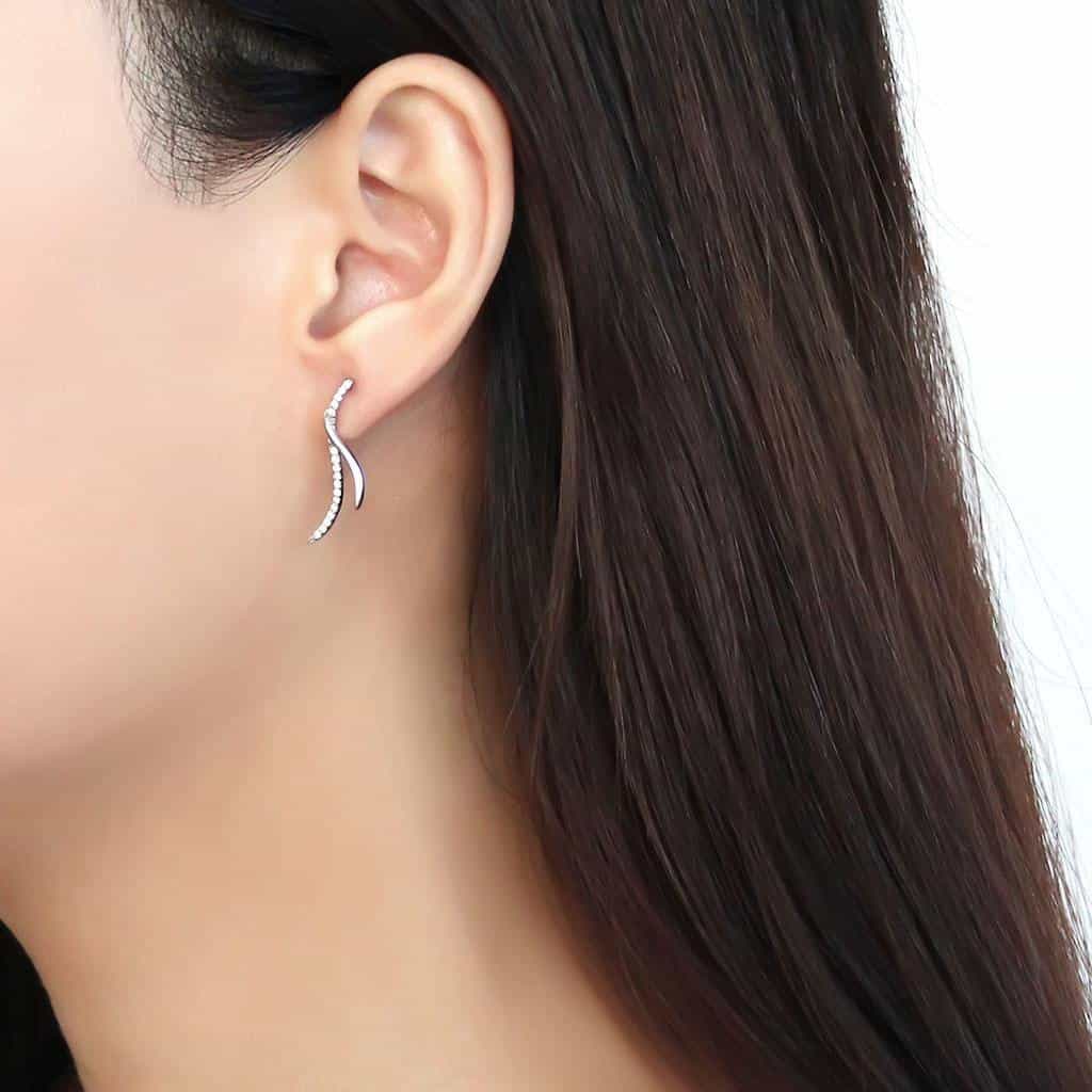 Stainless Steel CZ Pave S Curve Wave Climber Studs Earrings view 3