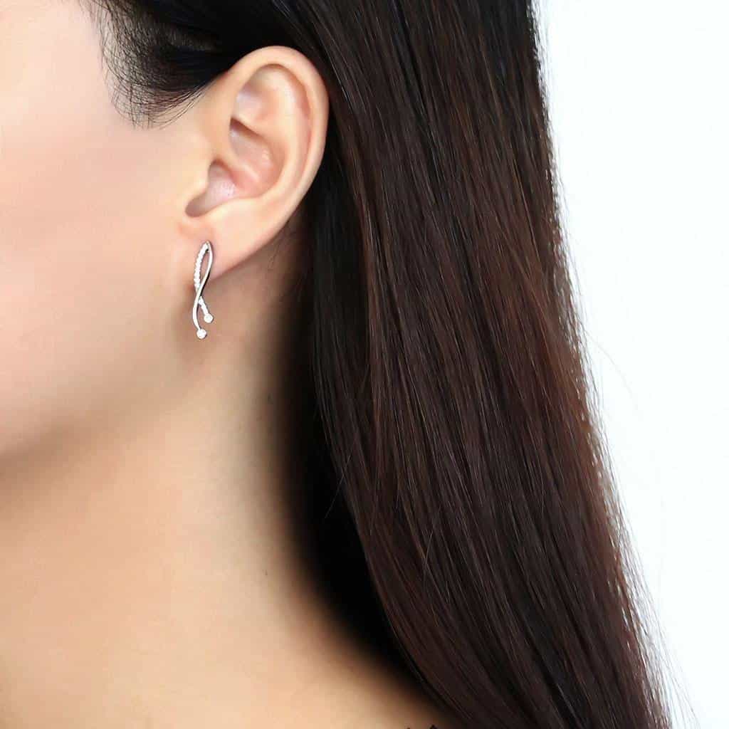 Stainless Steel CZ Pave Elongated S Curve Drop Earrings view 3