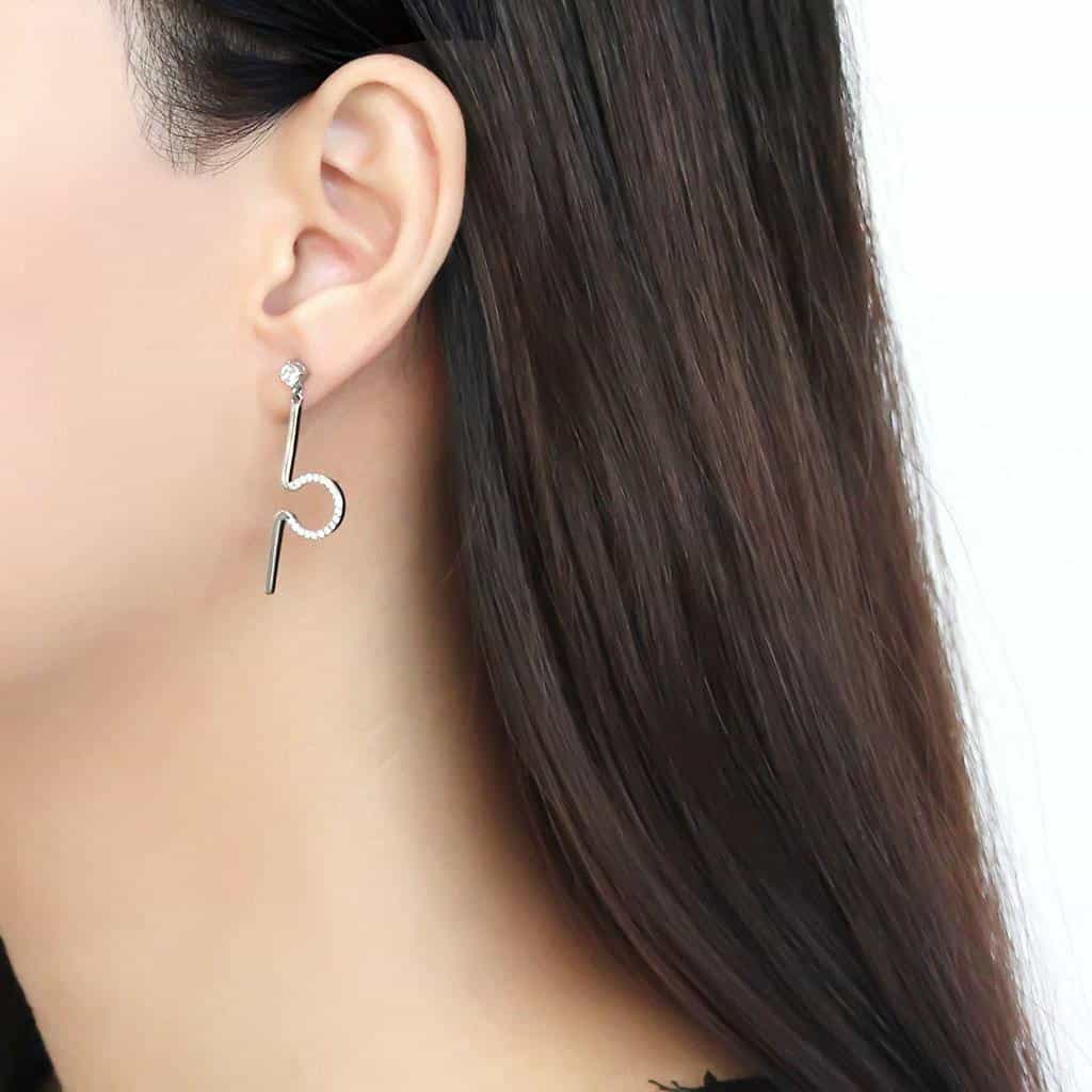 Stainless Steel CZ Geometric Angular Bar Drop Earrings view 3