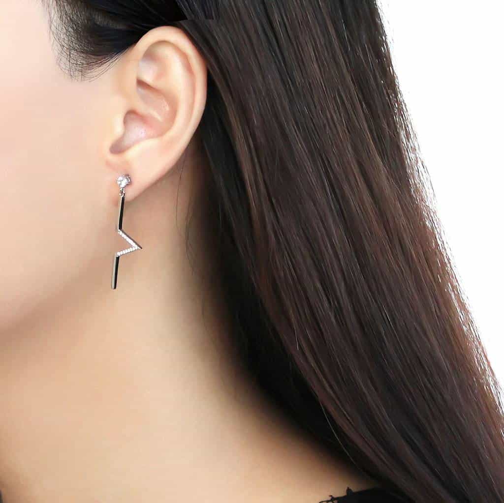 Stainless Steel CZ Geometric Angular Bar Drop Earrings view 4