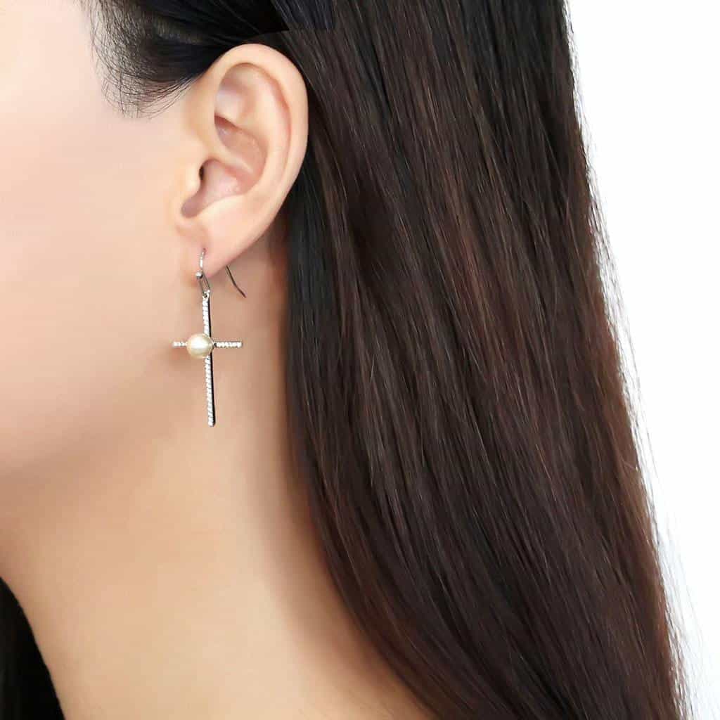 Stainless Steel Pearl CZ Pave Cross Bar Dangle Ring view 3