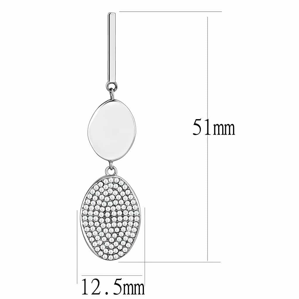 Stainless Steel CZ Pave Oval Disc Bar Drop Earrings view 2