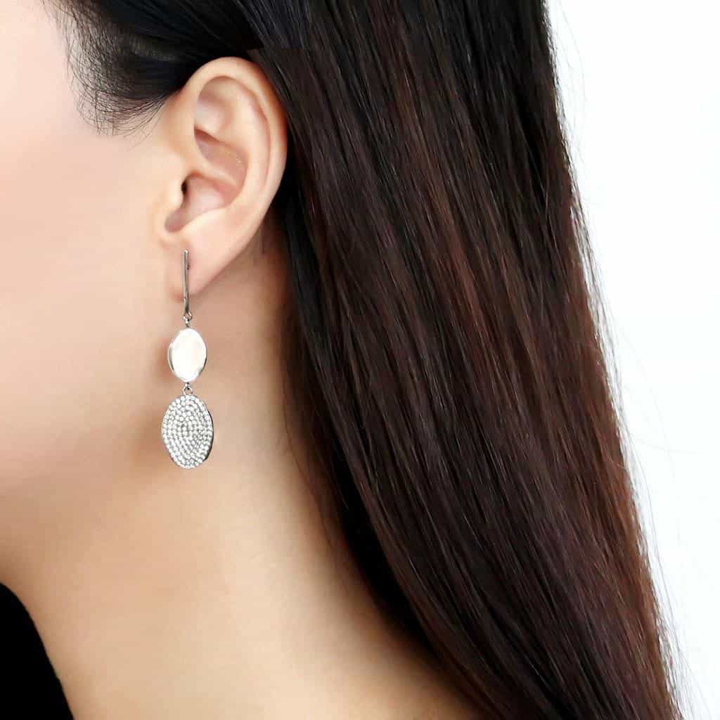 Stainless Steel CZ Pave Oval Disc Bar Drop Earrings view 3