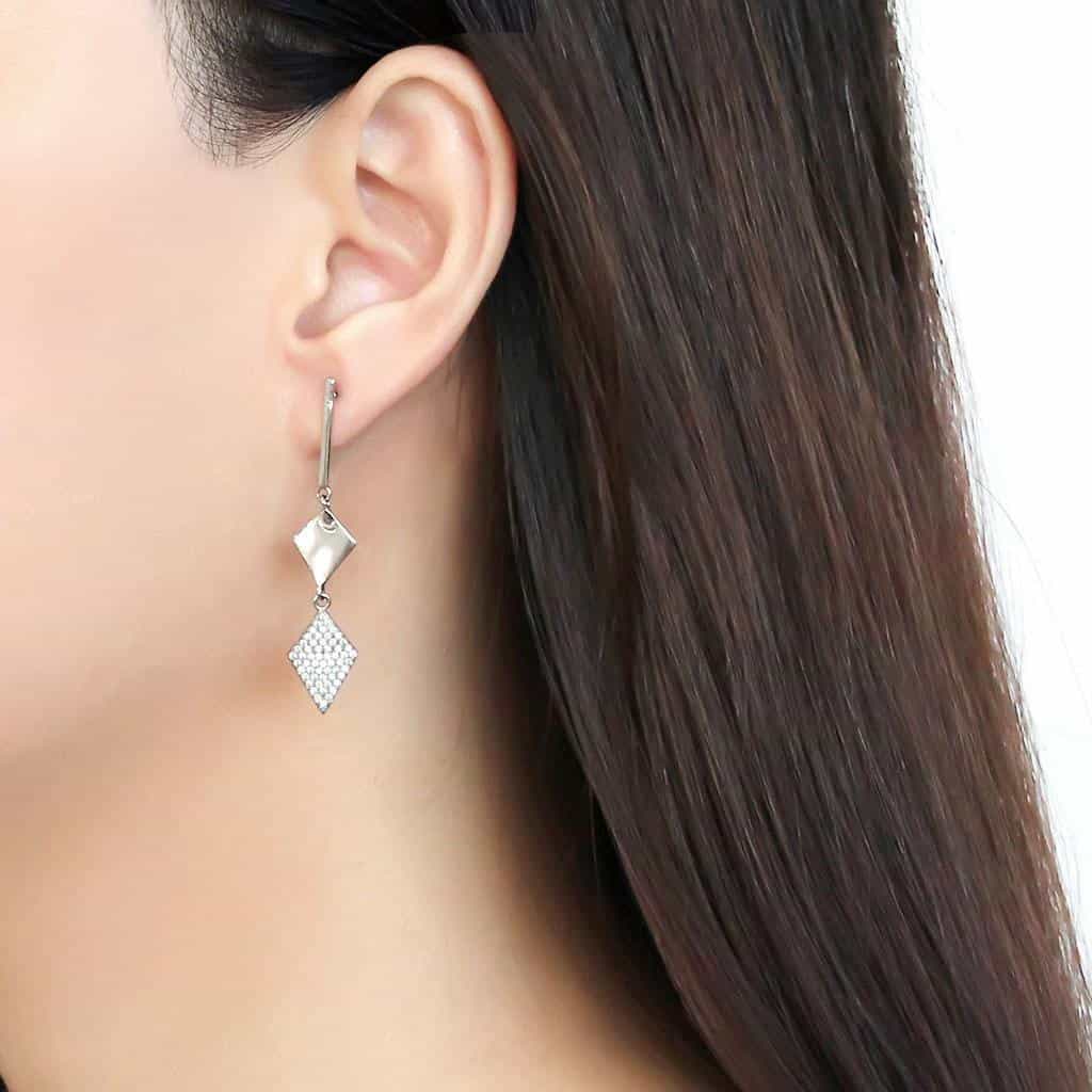 Stainless Steel CZ Pave Diamond Rhombus Bar Drop Earrings view 3