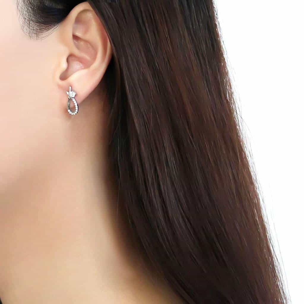 Stainless Steel CZ Round Pave Teardrop Loop Dangle Earrings view 3