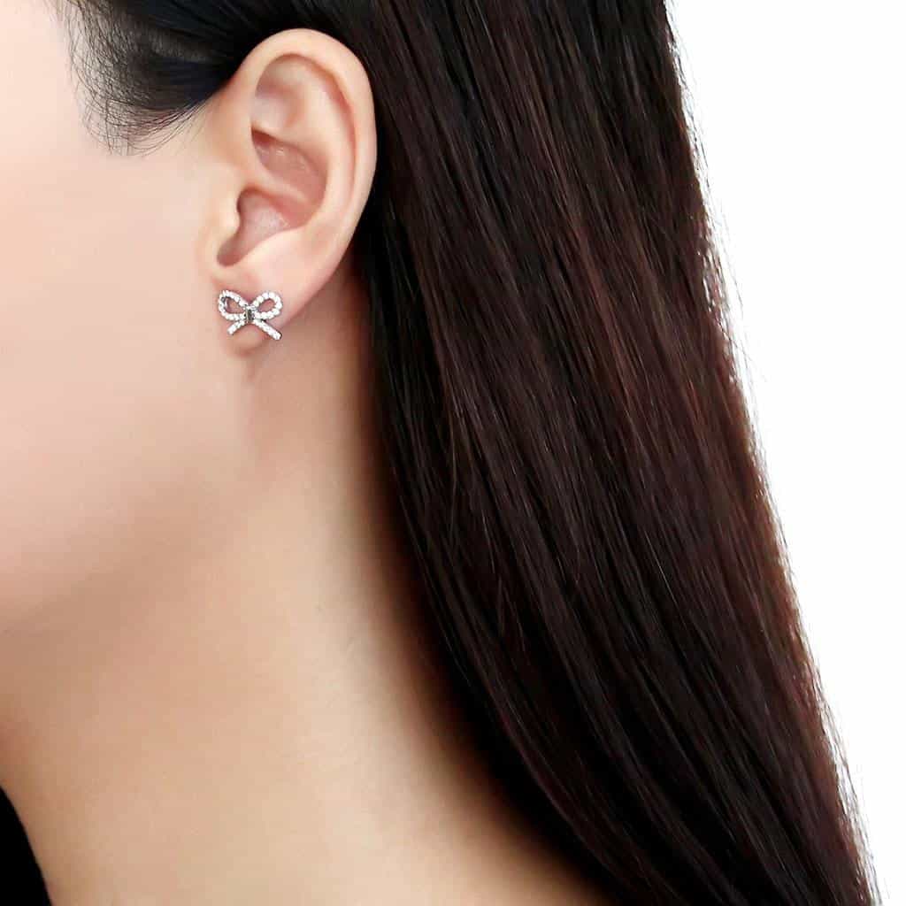 Stainless Steel CZ Pave Bow Ribbon Studs Earrings view 3