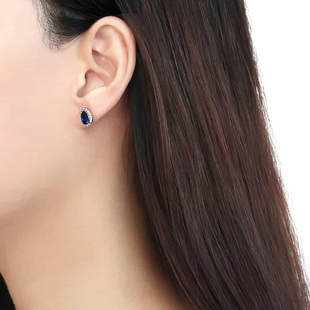 Stainless Steel Blue Sapphire Pear Pave Halo Studs Earrings view 3