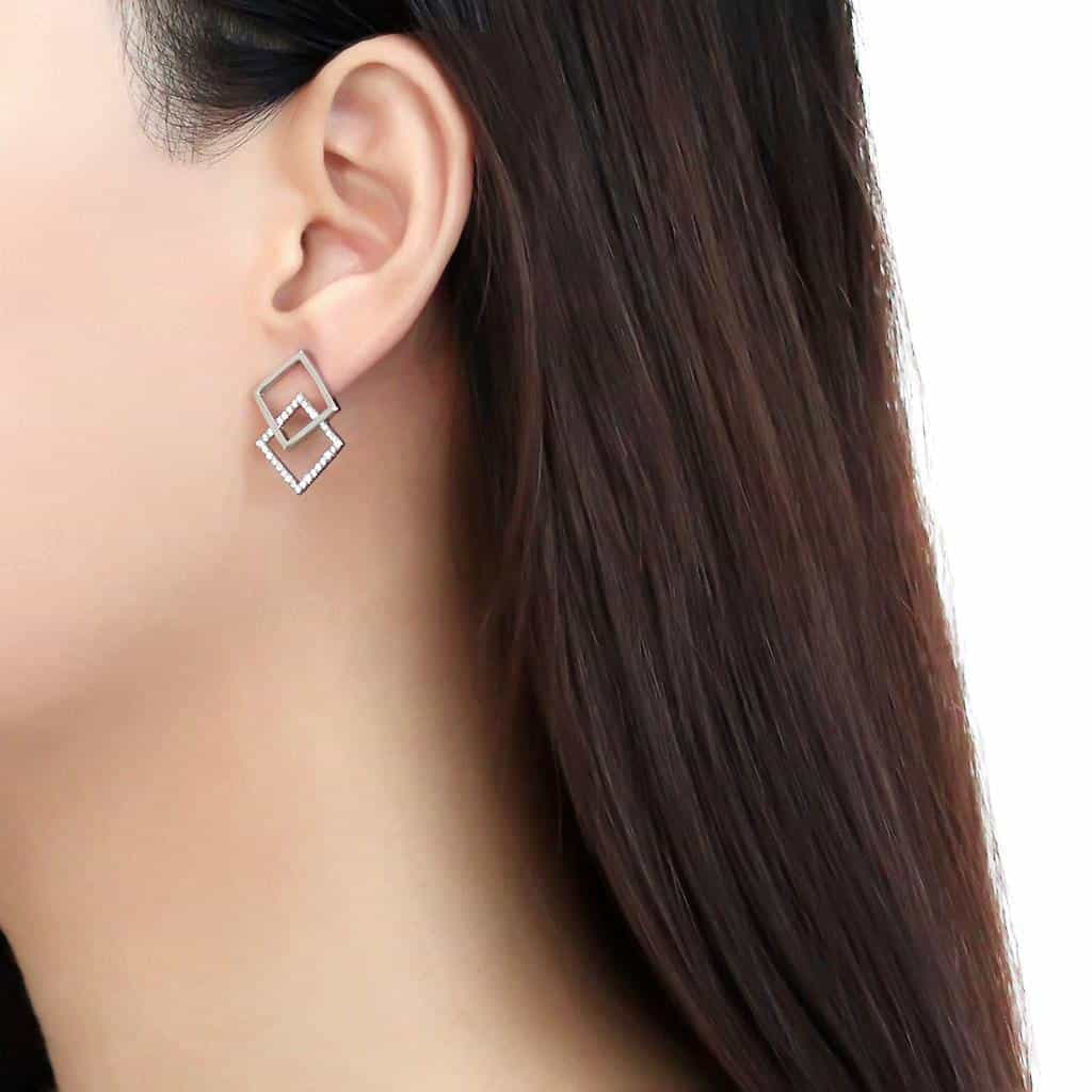 Stainless Steel CZ Pave Double Square Geometric Studs Earrings view 3