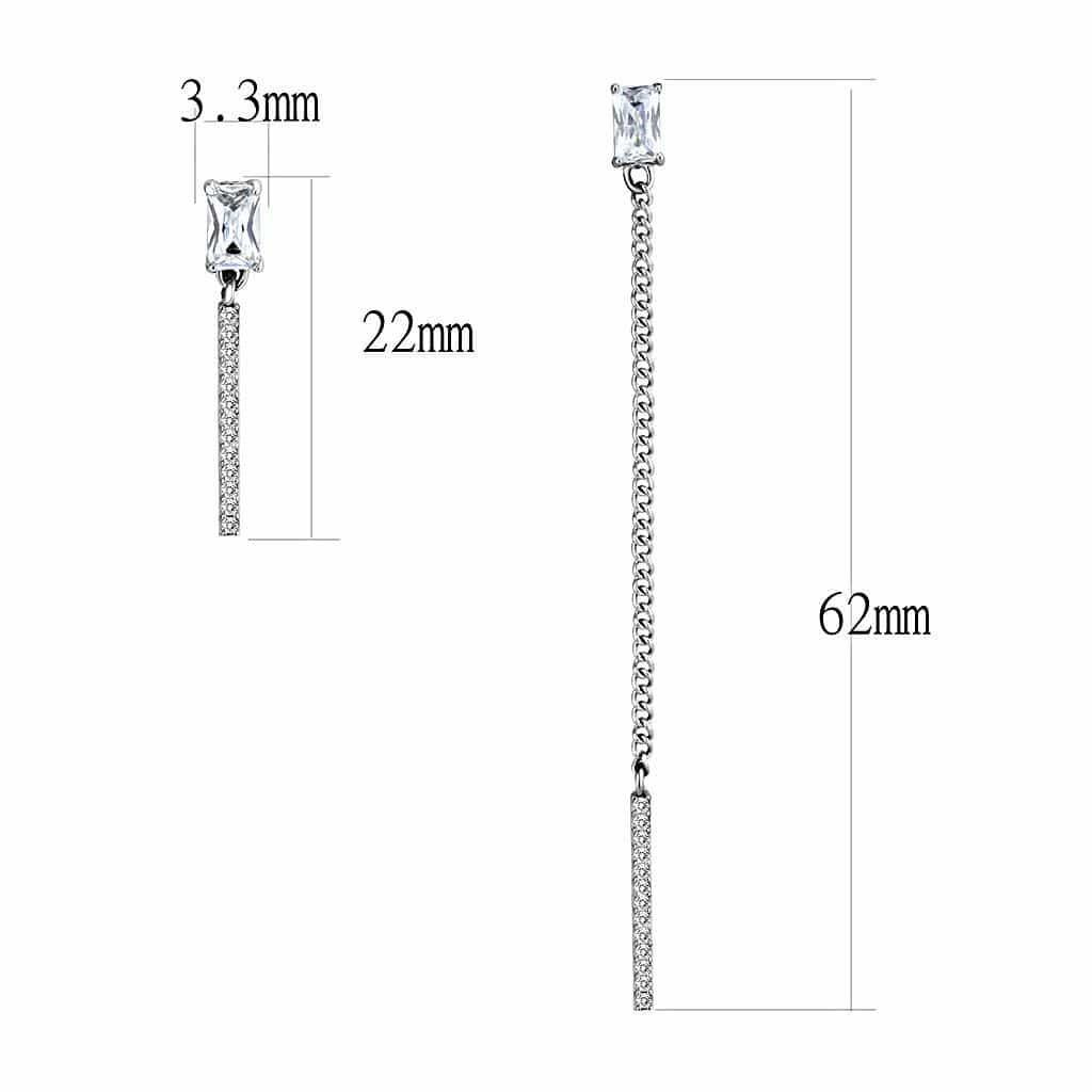 Stainless Steel CZ Princess Cut Pave Bar Long Drop Earrings view 2