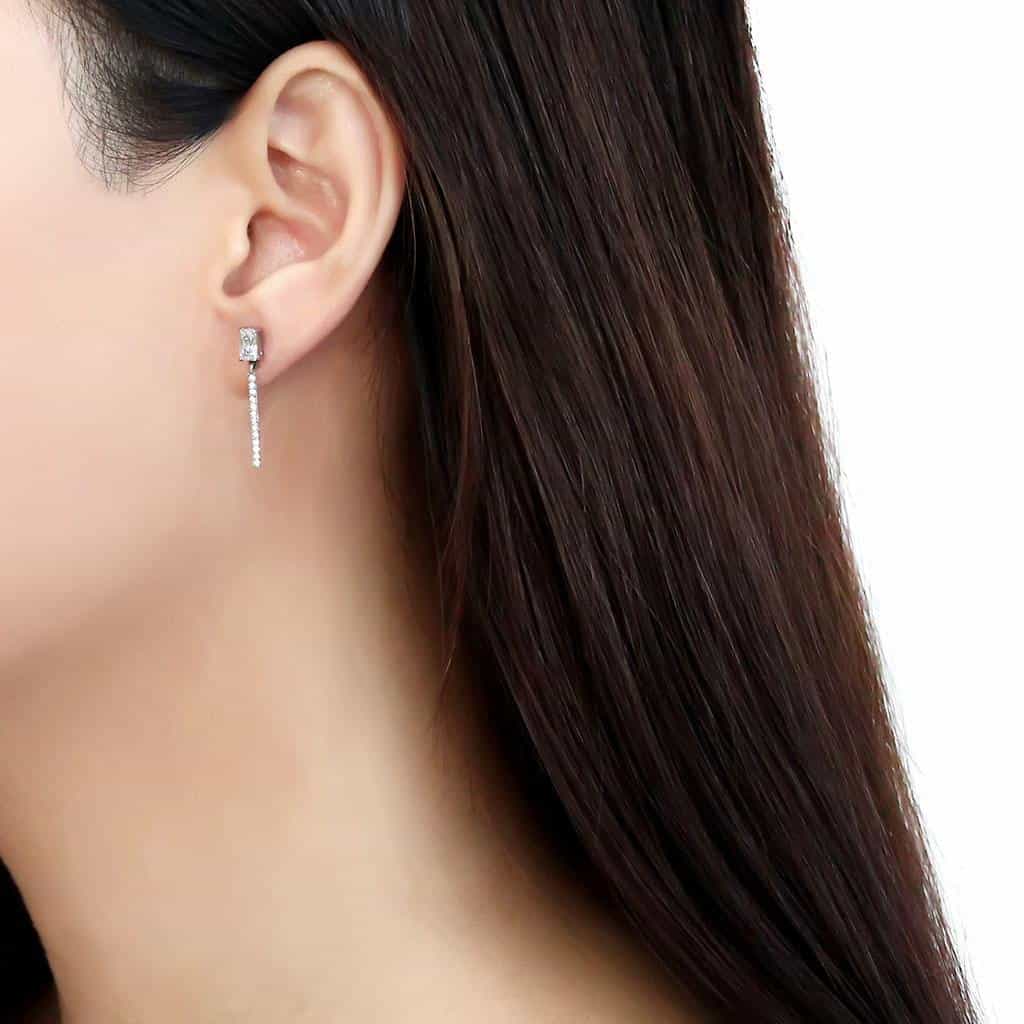 Stainless Steel CZ Princess Cut Pave Bar Long Drop Earrings view 3