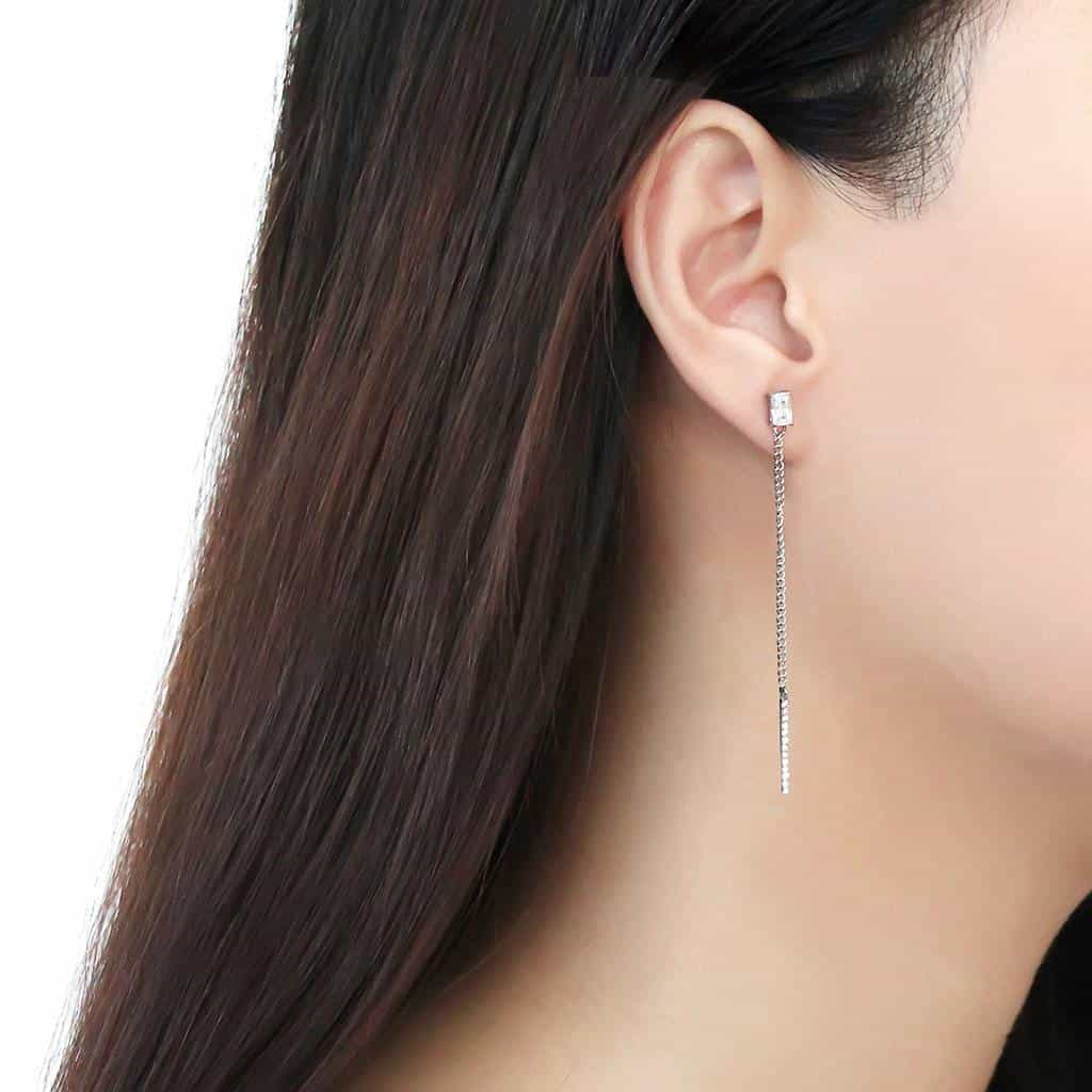 Stainless Steel CZ Princess Cut Pave Bar Long Drop Earrings view 4