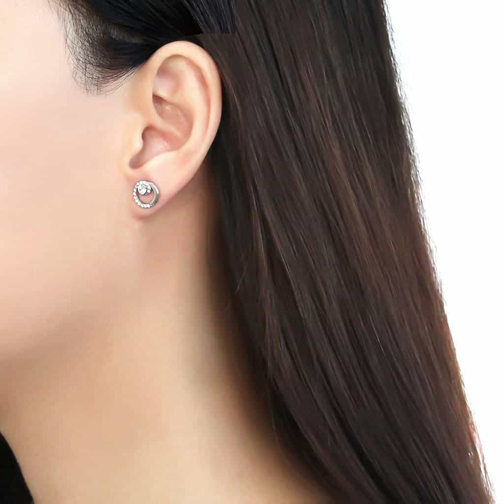 Stainless Steel CZ Round Pave Crescent Moon Circle Studs Earrings view 3