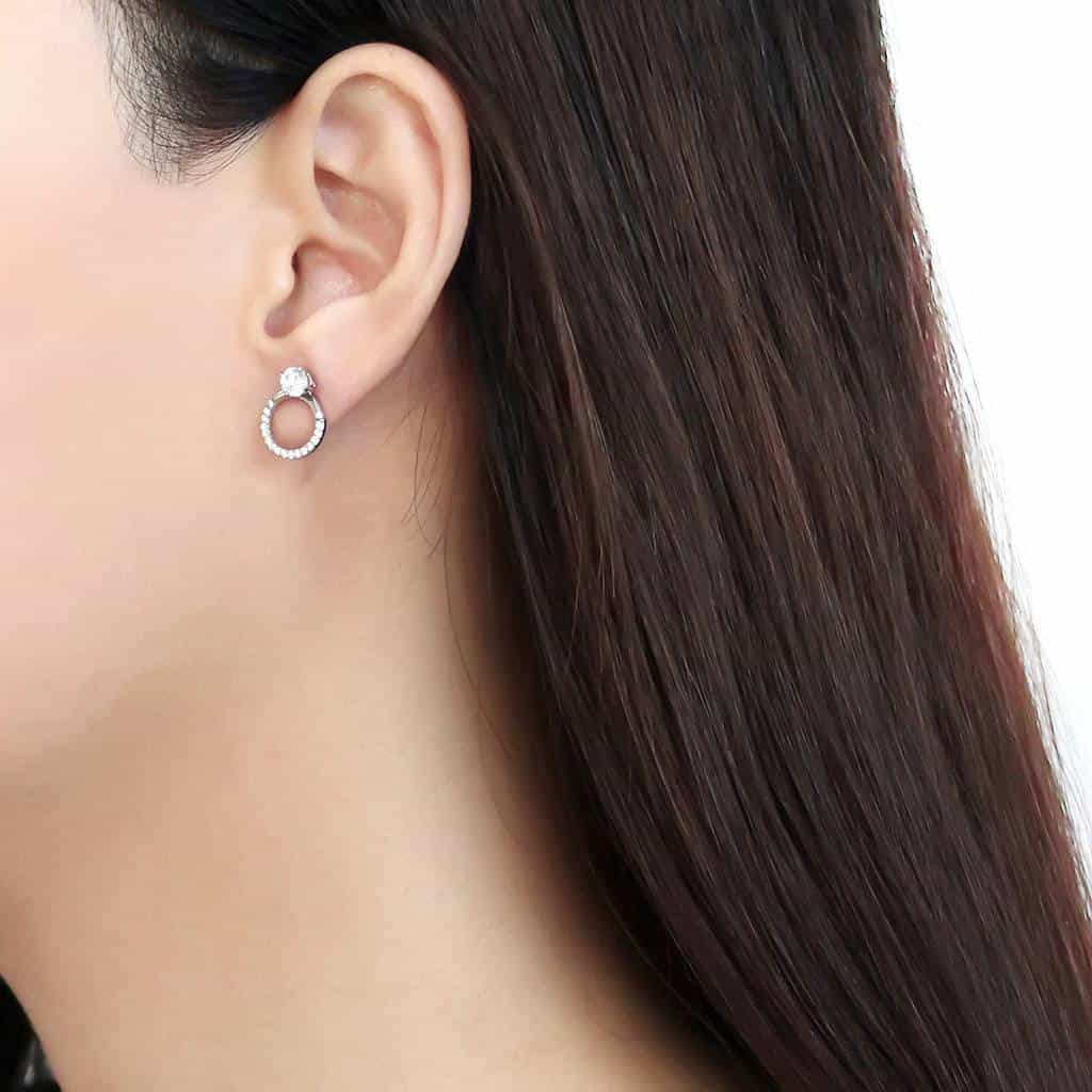 Stainless Steel CZ Round Pave Open Circle Drop Studs Earrings view 3