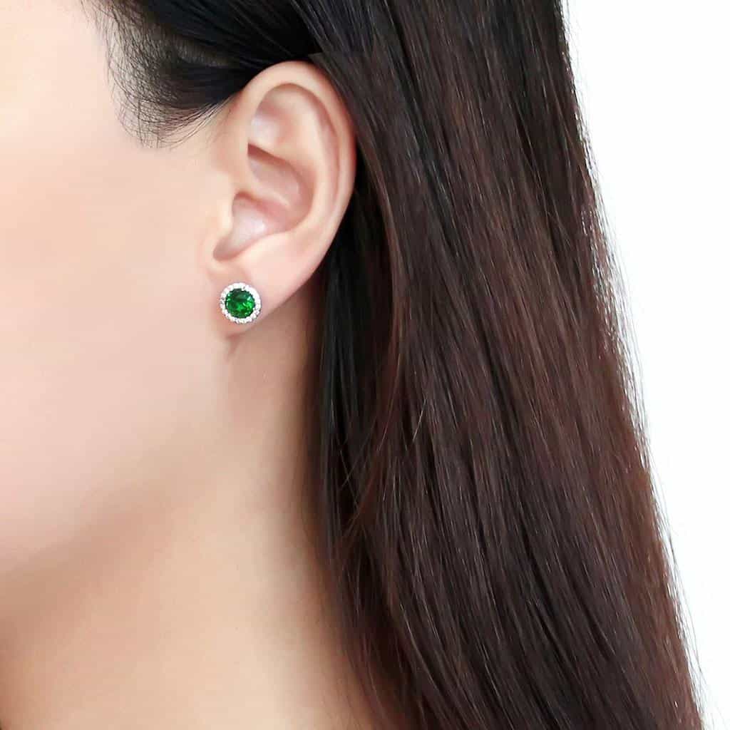 Stainless Steel Green Emerald Round Pave Halo Studs Earrings view 3