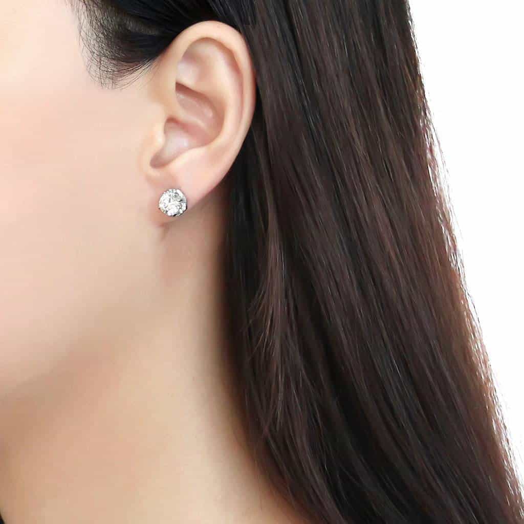 Stainless Steel CZ Round Hexagonal Pave Halo Studs Earrings view 3