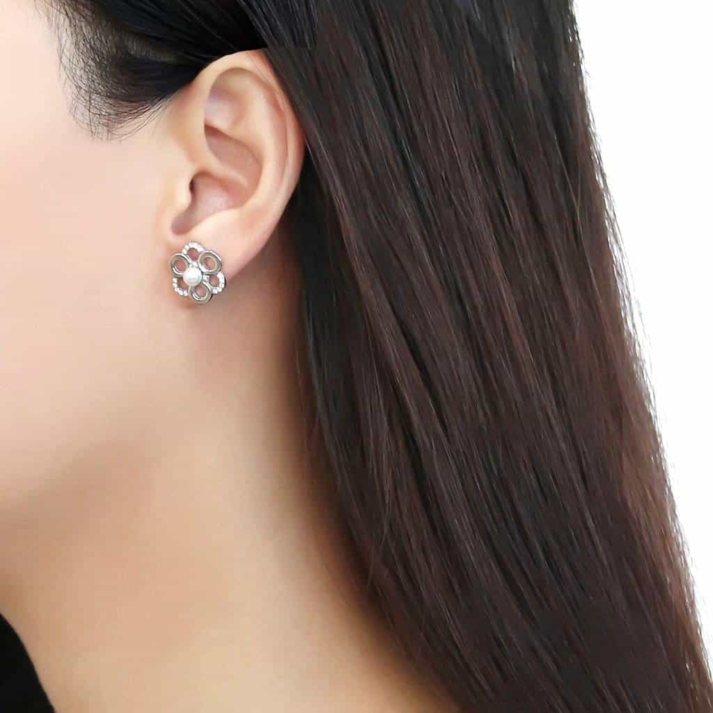Stainless Steel Pearl CZ Pave Circle Flower Cluster Studs Ring view 3