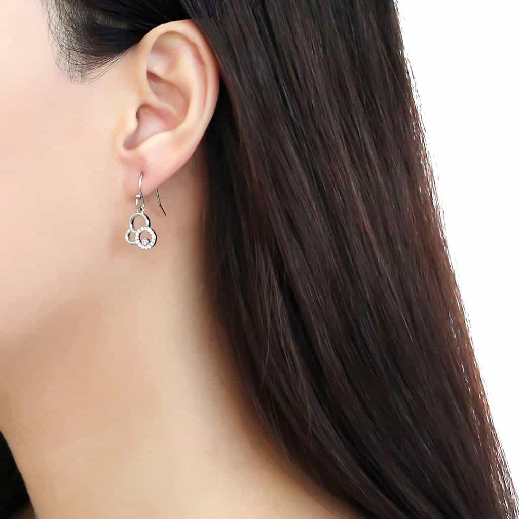 Stainless Steel Pearl CZ Pave Triple Circle Dangle Drop Earrings view 3