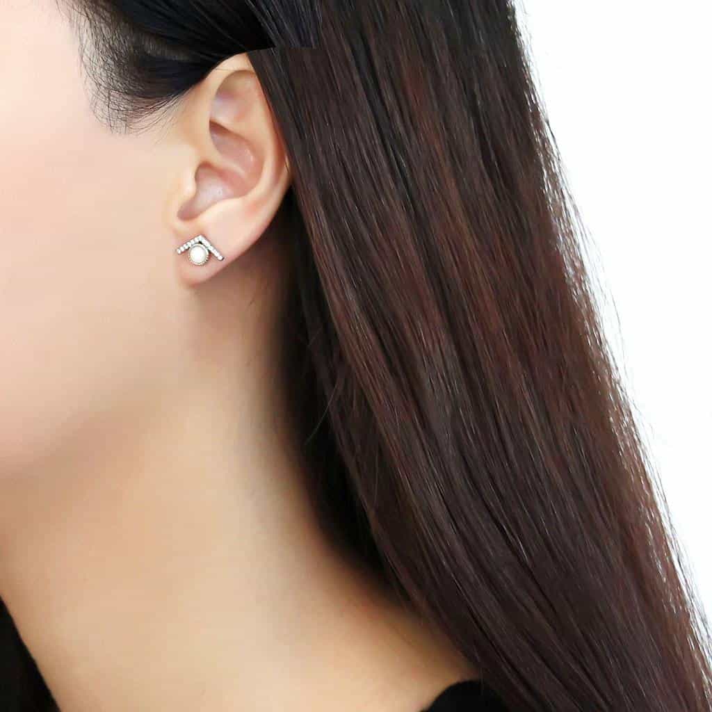 Stainless Steel Pearl CZ Pave Chevron V Frame Studs Earrings view 3