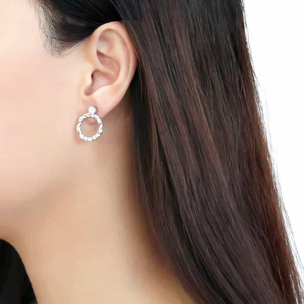Stainless Steel CZ Round Pave Twisted Wreath Circle Earrings view 3