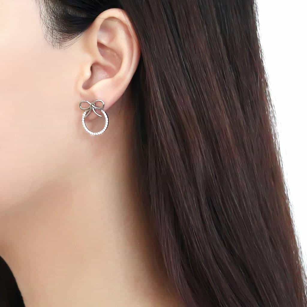 Stainless Steel CZ Pave Circle Bow Ribbon Drop Studs Ring view 3