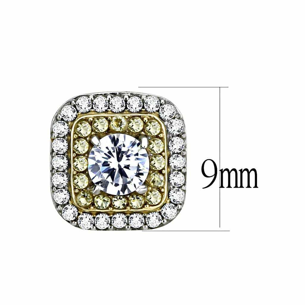 Stainless Steel Two Tone Gold CZ Square Cushion Halo Earrings view 2