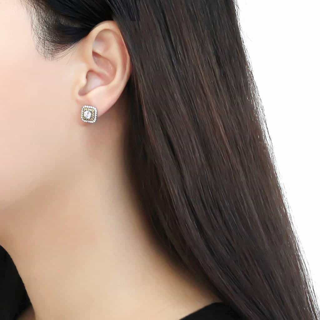 Stainless Steel Two Tone Gold CZ Square Cushion Halo Earrings view 3