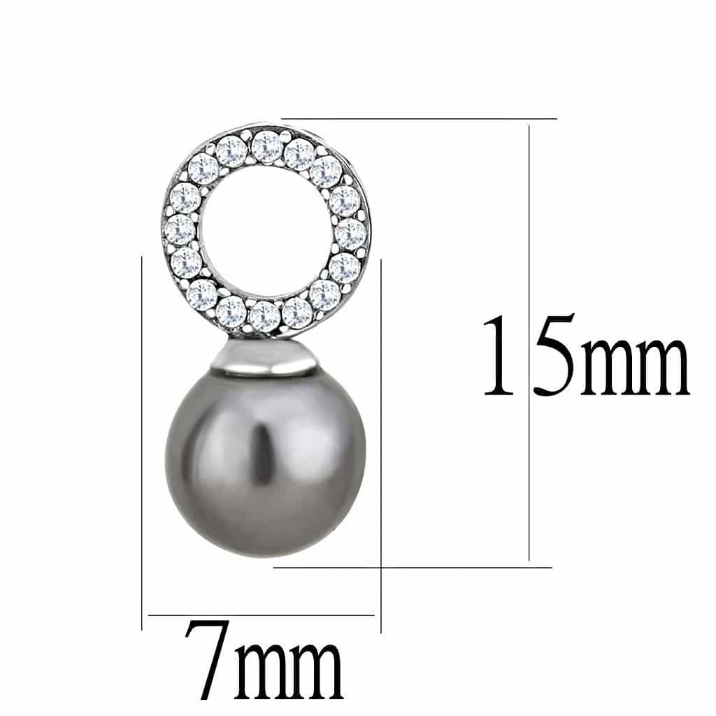 Stainless Steel Grey Pearl CZ Pave Circle Drop Studs Earrings view 2