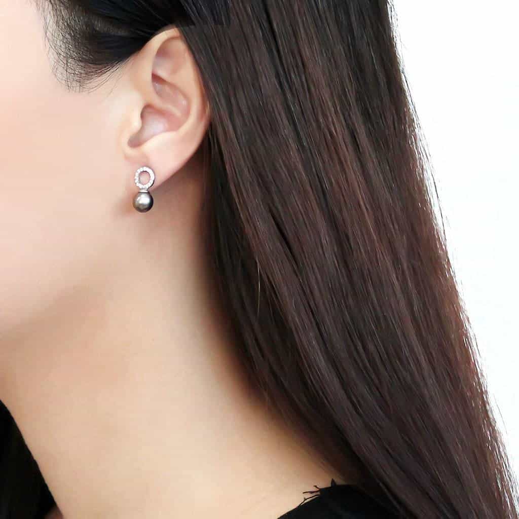 Stainless Steel Grey Pearl CZ Pave Circle Drop Studs Earrings view 3