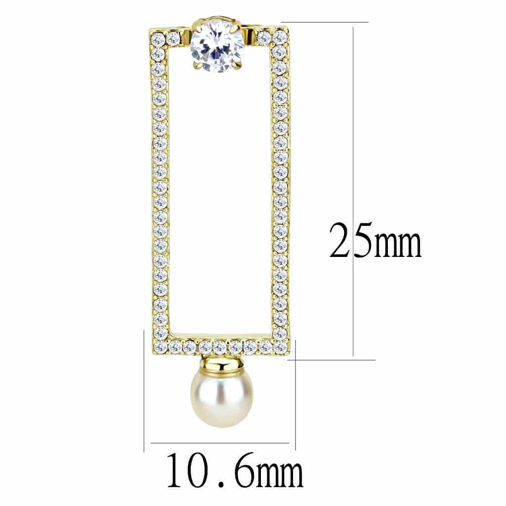 Stainless Steel Gold CZ Pave Rectangle Bar Pearl Drop Earrings view 2