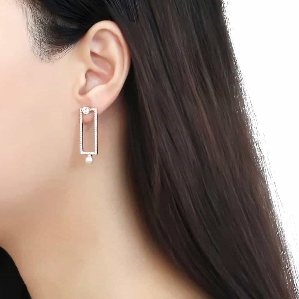 Stainless Steel Gold CZ Pave Rectangle Bar Pearl Drop Earrings view 3