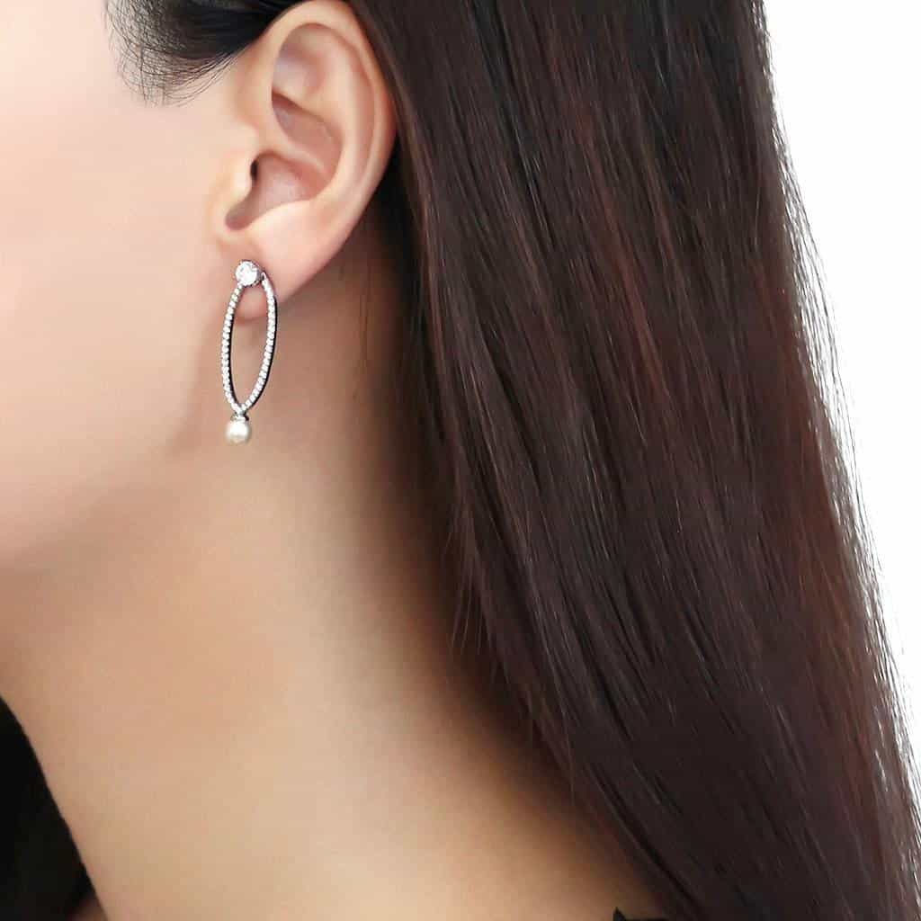 Stainless Steel CZ Pave Open Marquise Pearl Drop Earrings view 3