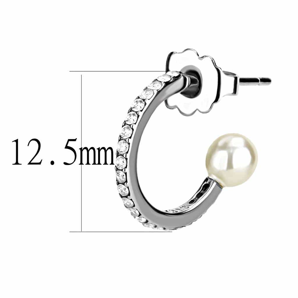 Stainless Steel CZ Pave Huggie Hoop Pearl Earrings view 2