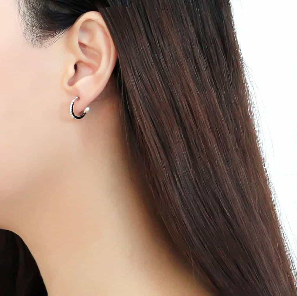 Stainless Steel CZ Pave Huggie Hoop Pearl Earrings view 3