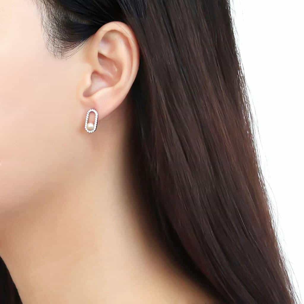 Stainless Steel Pearl CZ Pave Oval Frame Studs Earrings view 3