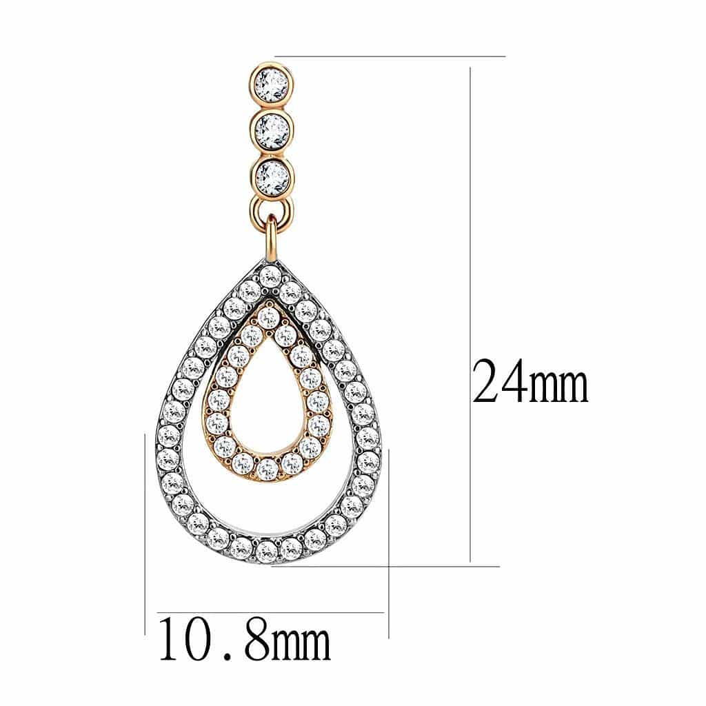 Stainless Steel Two Tone Gold CZ Pave Double Teardrop Earrings view 2