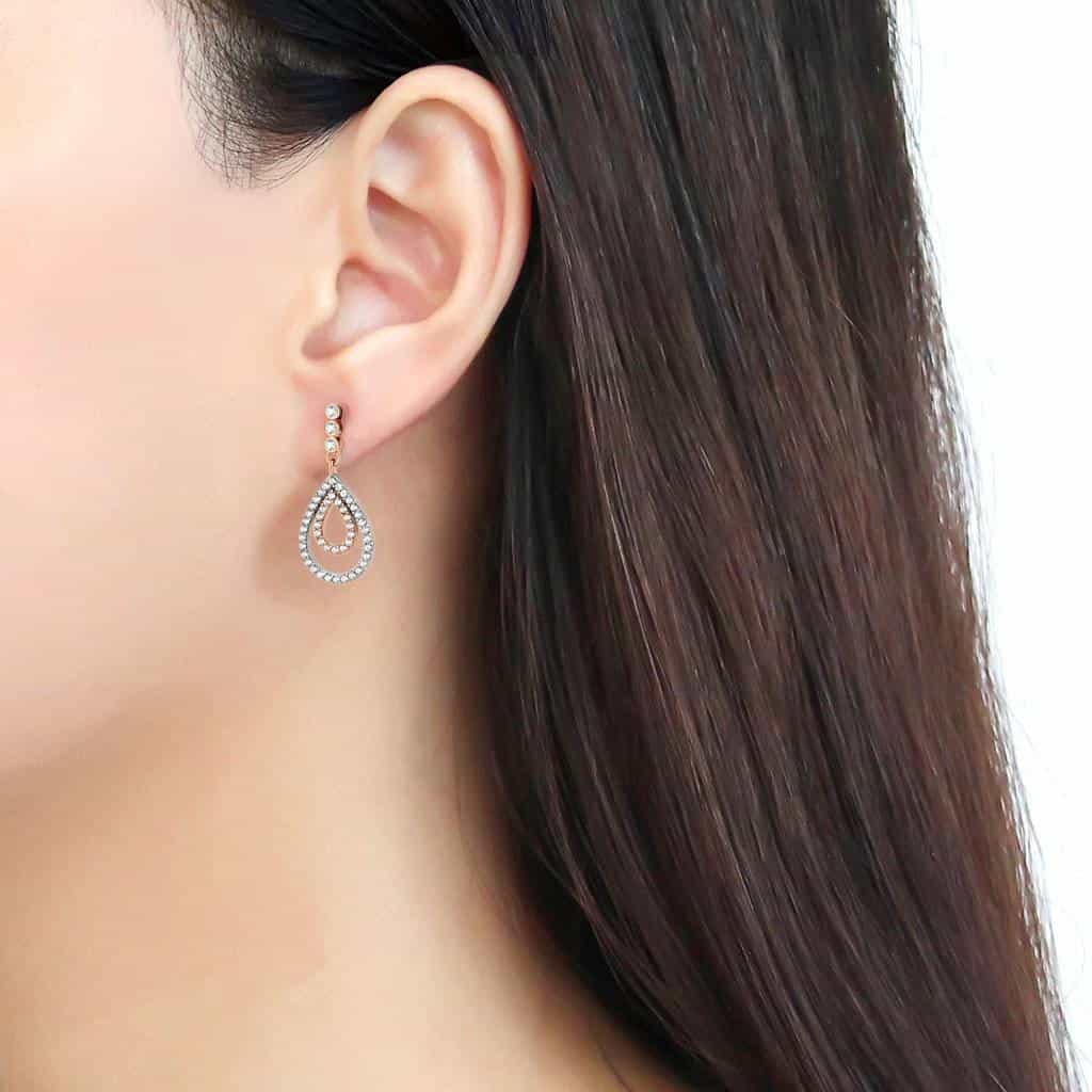 Stainless Steel Two Tone Gold CZ Pave Double Teardrop Earrings view 3