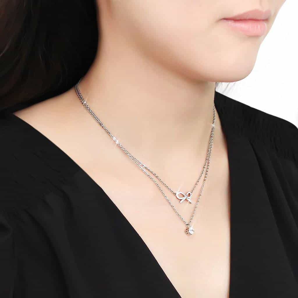 Stainless Steel CZ Round Solitaire Double Chain Layered Necklace view 3