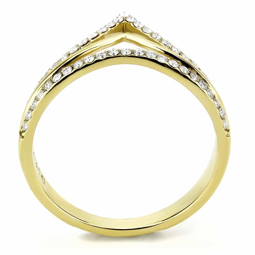 Stainless Steel Gold CZ Pave Double V Chevron Open Ring view 8