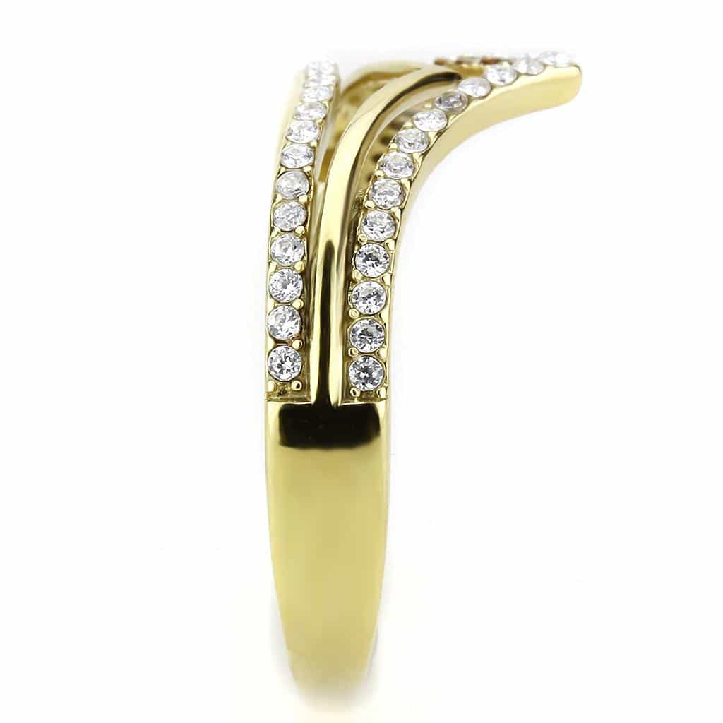 Stainless Steel Gold CZ Pave Double V Chevron Open Ring view 4