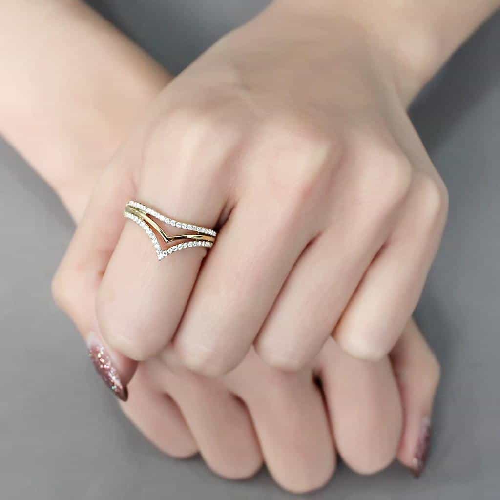Stainless Steel Gold CZ Pave Double V Chevron Open Ring view 5