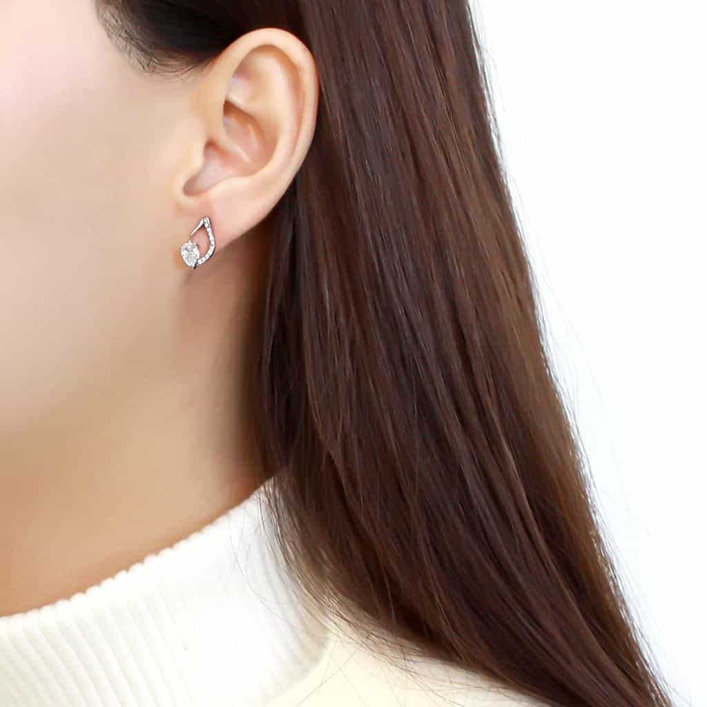 Stainless Steel CZ Pear Pave Wave Curl Drop Earrings view 3