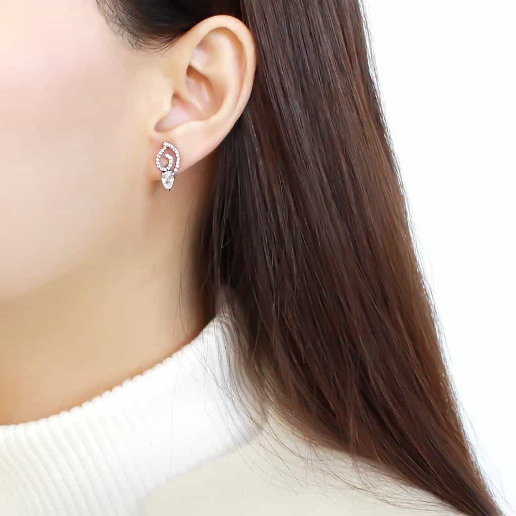 Stainless Steel CZ Pear Pave Spiral Swirl Studs Earrings view 3