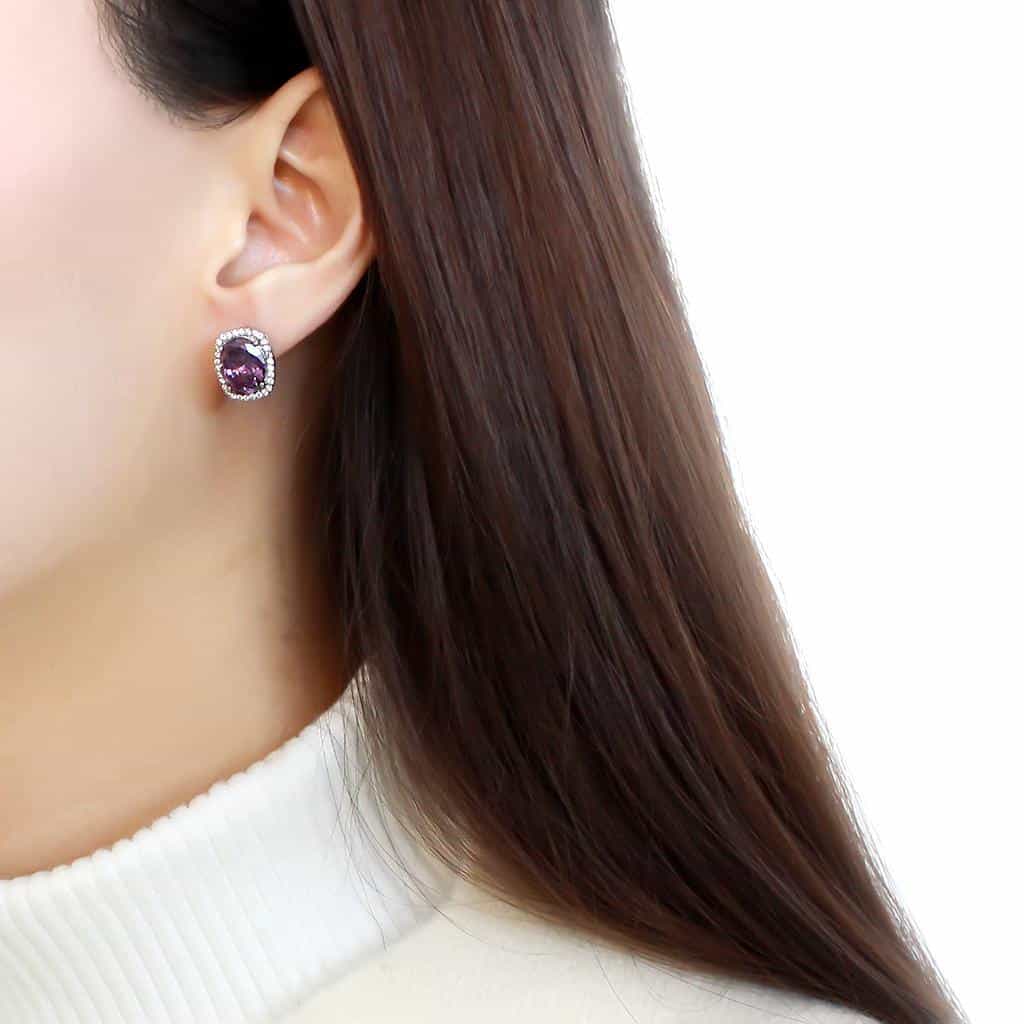 Stainless Steel Purple Amethyst Oval Pave Cushion Halo Earrings view 3