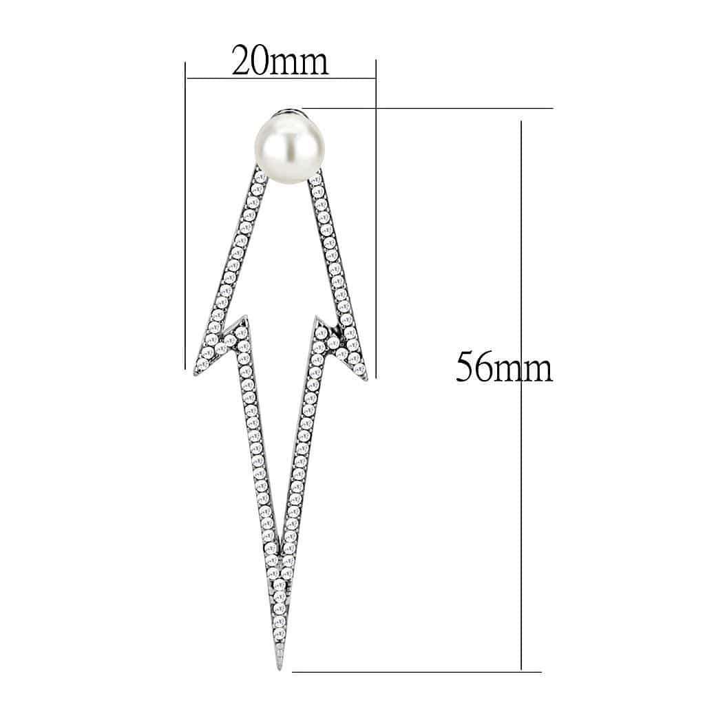 Stainless Steel Pearl CZ Pave Lightning Bolt Drop Studs Earrings view 2