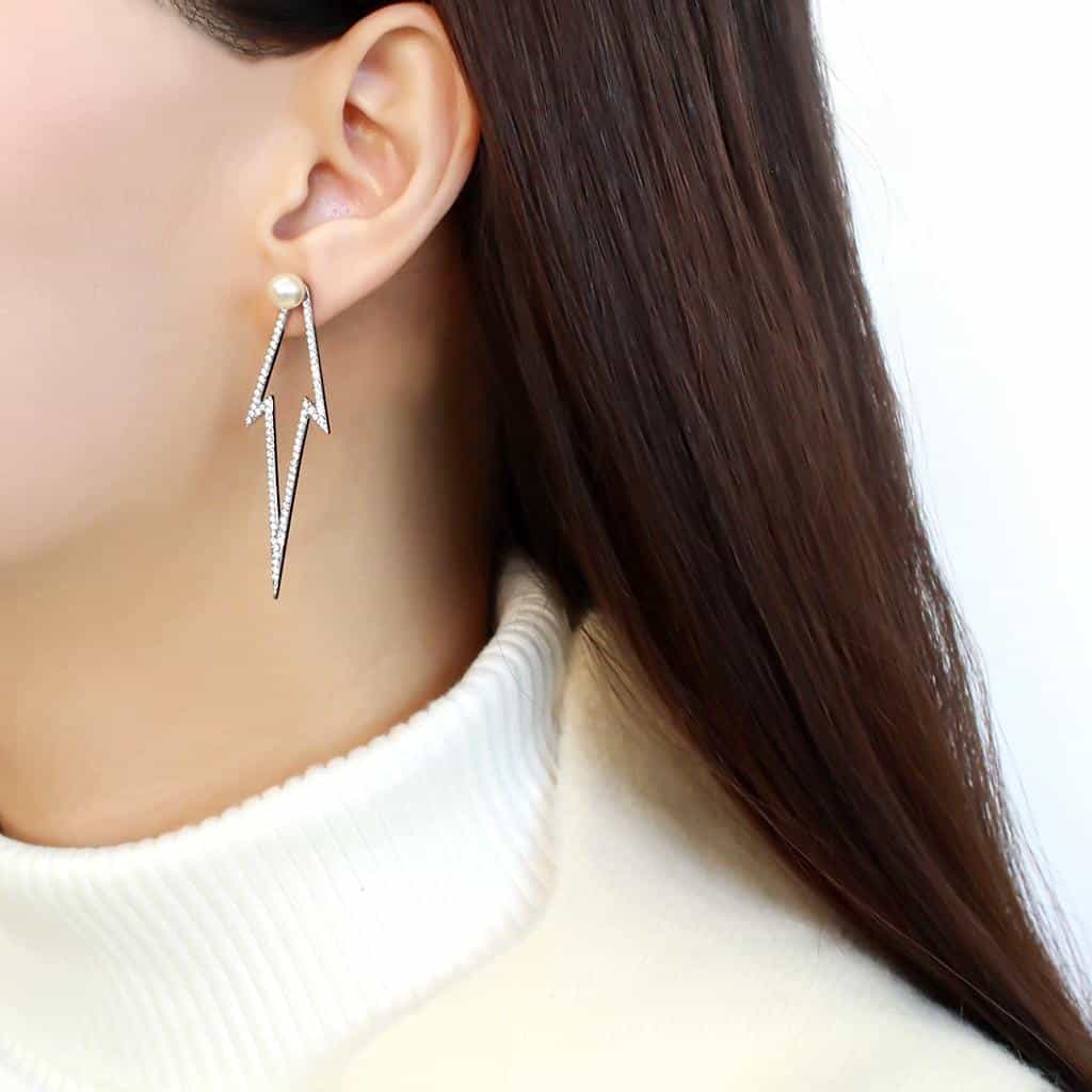 Stainless Steel Pearl CZ Pave Lightning Bolt Drop Studs Earrings view 3