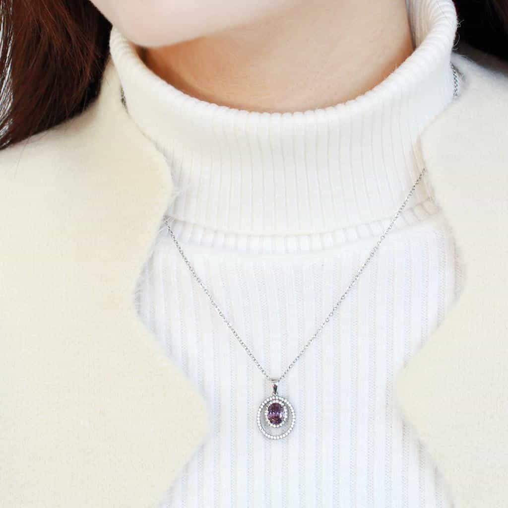 Stainless Steel Purple Amethyst Oval Pave Double Circle Pendant view 3
