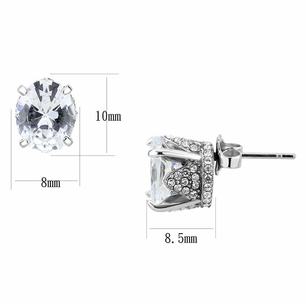 Stainless Steel CZ Oval Prong Classic Solitaire Studs Earrings view 2