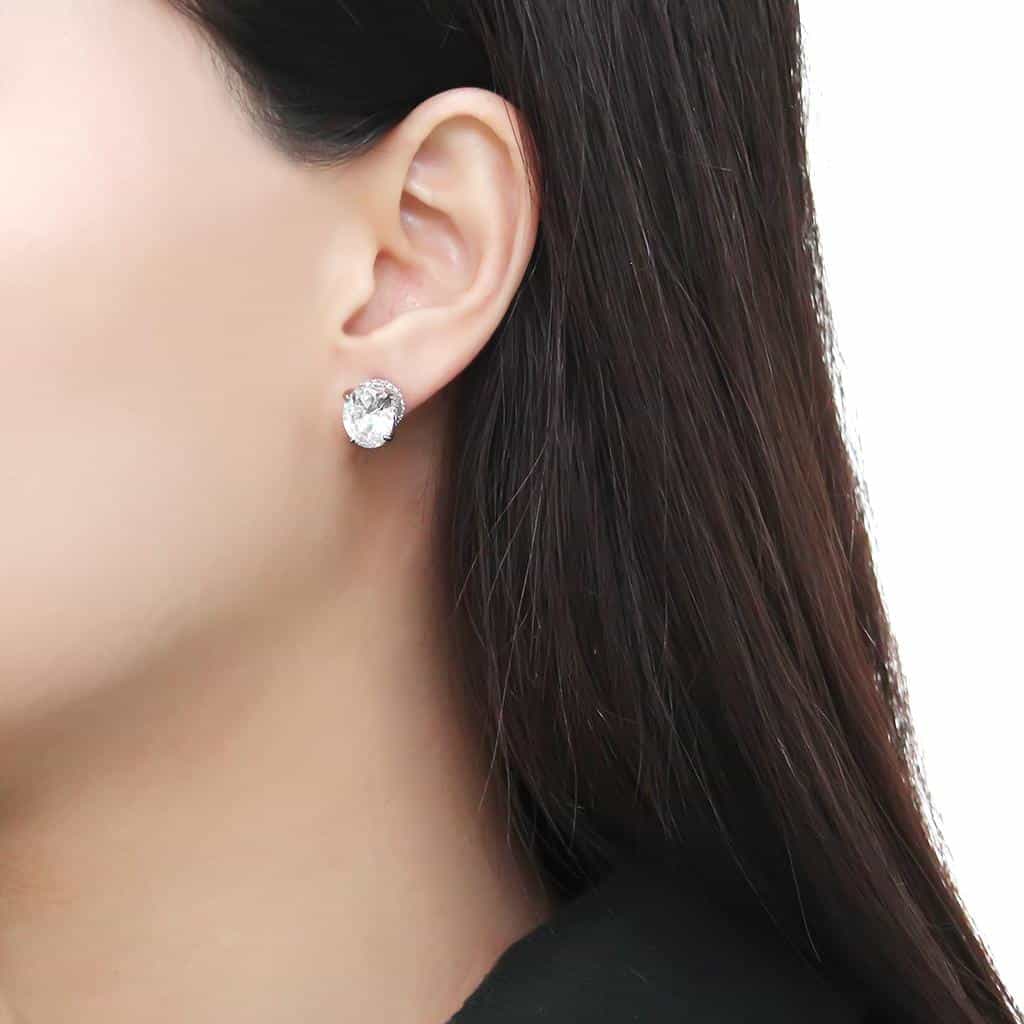 Stainless Steel CZ Oval Prong Classic Solitaire Studs Earrings view 3