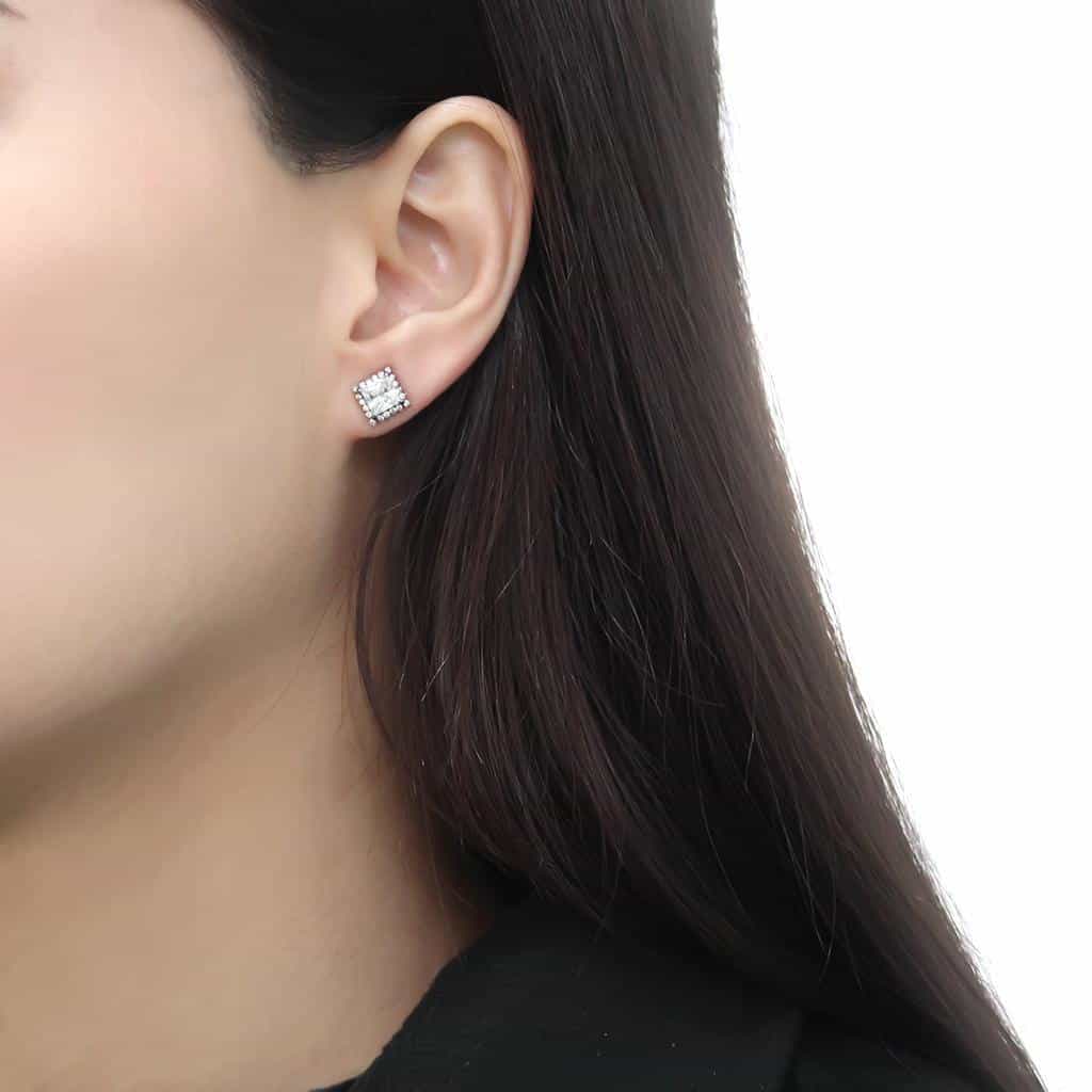Stainless Steel CZ Princess Cut Pave Ornate Halo Drop Earrings view 3